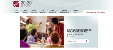 A screenshot of the homepage for financial training firm 20–20 Services.